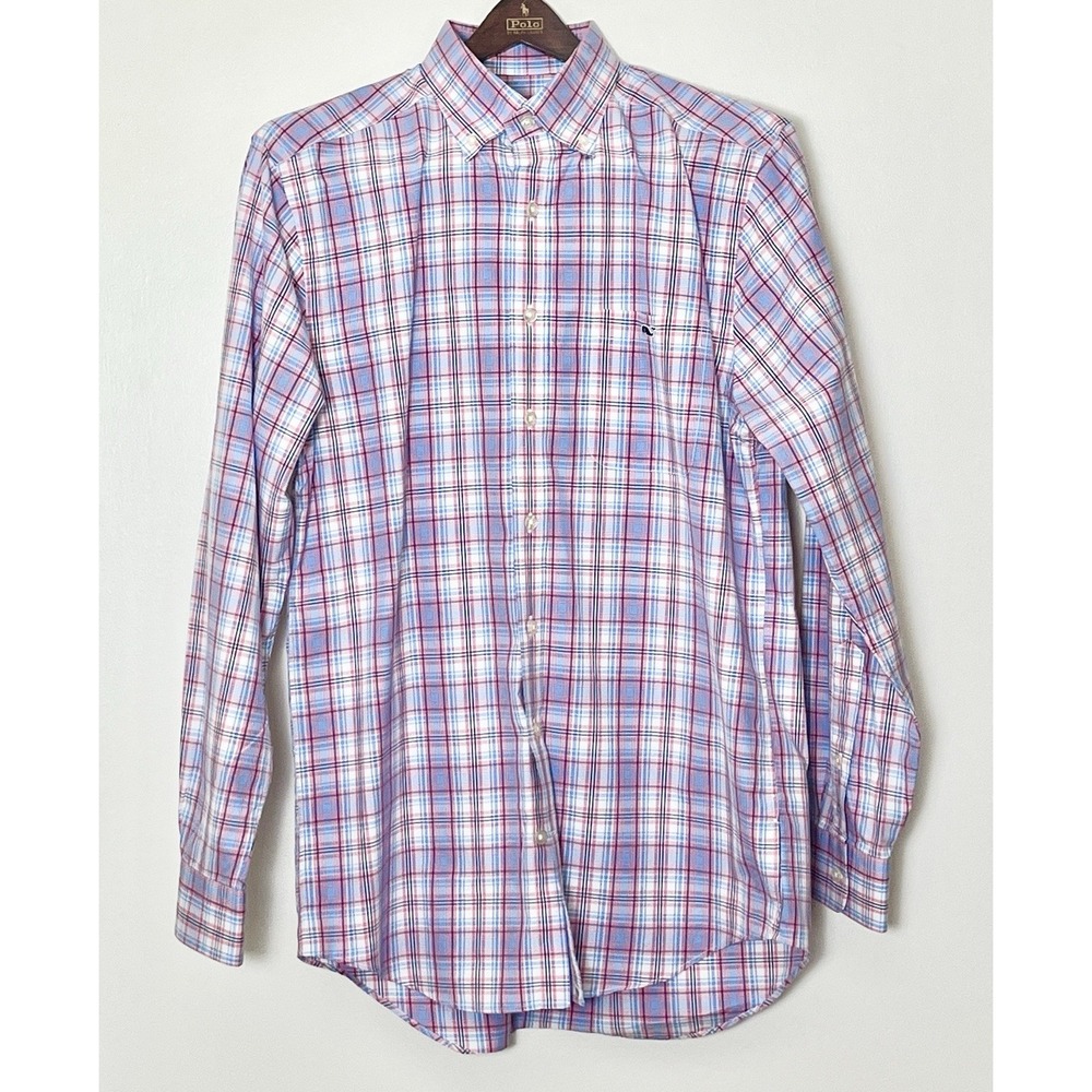 Vineyard Vines Plaid Button Up Shirt Men's Medium Pink Blue Preppy Gender Reveal